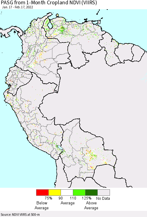 Northern South America PASG from 1-Month Cropland NDVI (VIIRS) Thematic Map For 2/10/2022 - 2/17/2022