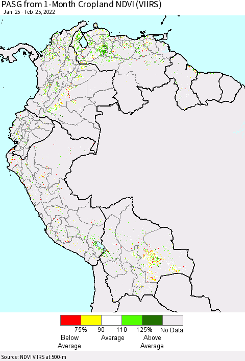 Northern South America PASG from 1-Month Cropland NDVI (VIIRS) Thematic Map For 2/18/2022 - 2/25/2022