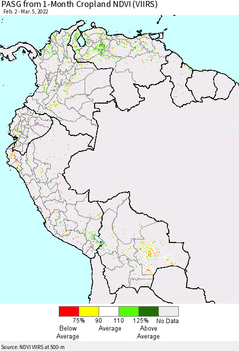 Northern South America PASG from 1-Month Cropland NDVI (VIIRS) Thematic Map For 2/26/2022 - 3/5/2022
