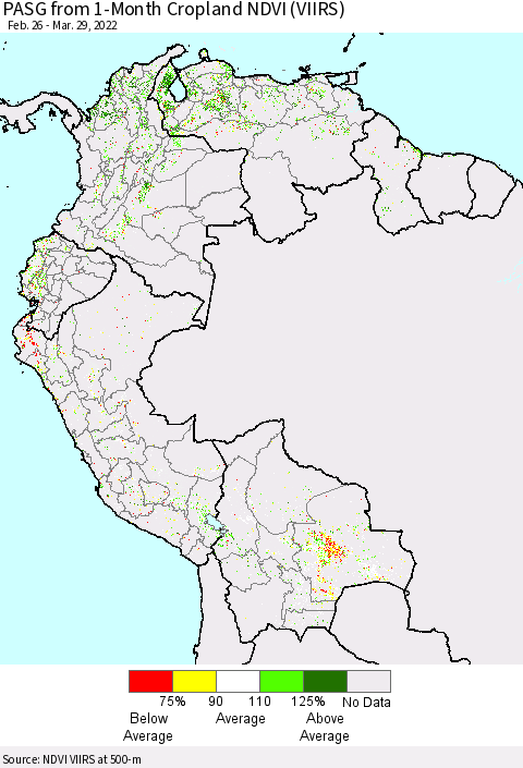 Northern South America PASG from 1-Month Cropland NDVI (VIIRS) Thematic Map For 3/22/2022 - 3/29/2022