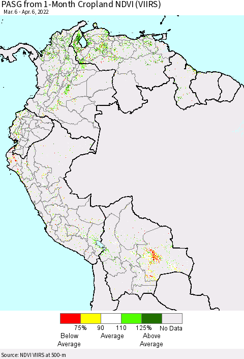 Northern South America PASG from 1-Month Cropland NDVI (VIIRS) Thematic Map For 3/30/2022 - 4/6/2022