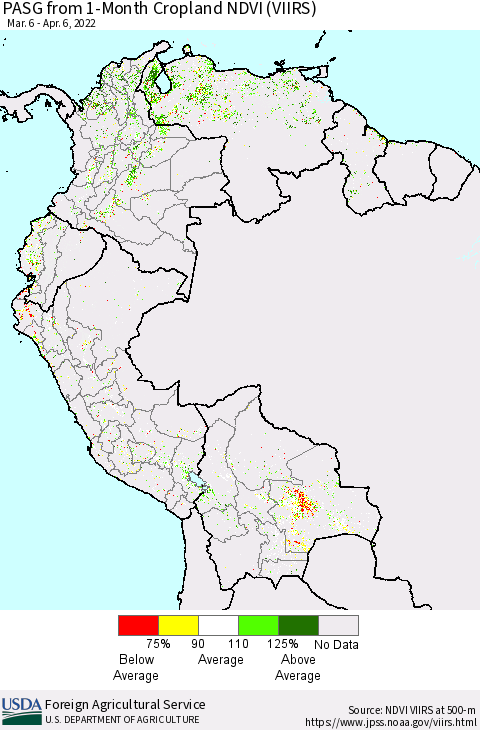 Northern South America PASG from 1-Month Cropland NDVI (VIIRS) Thematic Map For 4/1/2022 - 4/10/2022