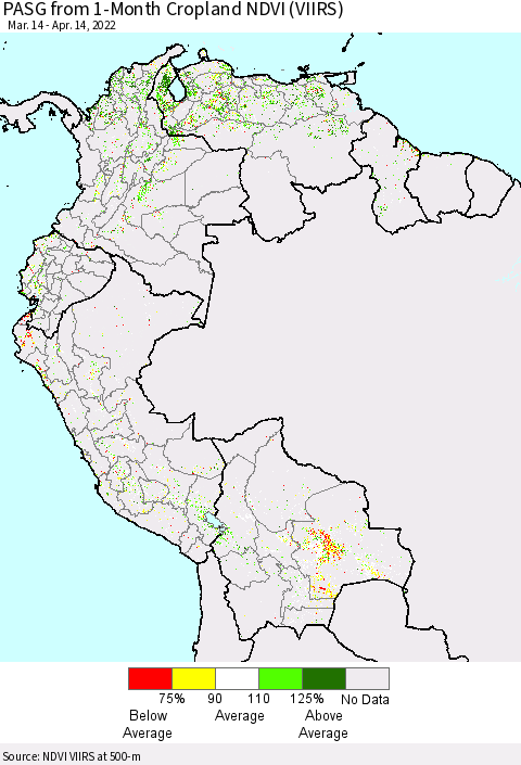 Northern South America PASG from 1-Month Cropland NDVI (VIIRS) Thematic Map For 4/7/2022 - 4/14/2022