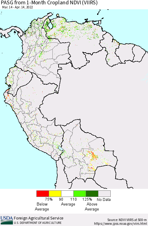 Northern South America PASG from 1-Month Cropland NDVI (VIIRS) Thematic Map For 4/11/2022 - 4/20/2022