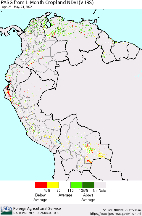 Northern South America PASG from 1-Month Cropland NDVI (VIIRS) Thematic Map For 5/21/2022 - 5/31/2022