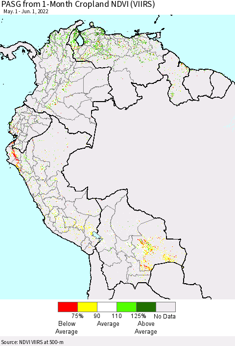 Northern South America PASG from 1-Month Cropland NDVI (VIIRS) Thematic Map For 5/25/2022 - 6/1/2022