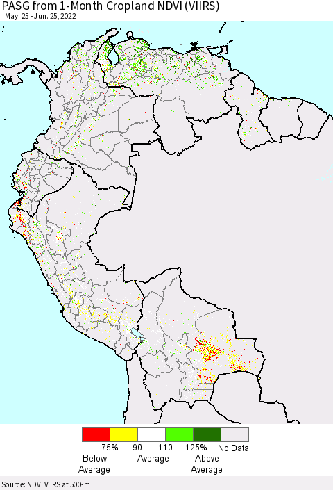 Northern South America PASG from 1-Month Cropland NDVI (VIIRS) Thematic Map For 6/18/2022 - 6/25/2022
