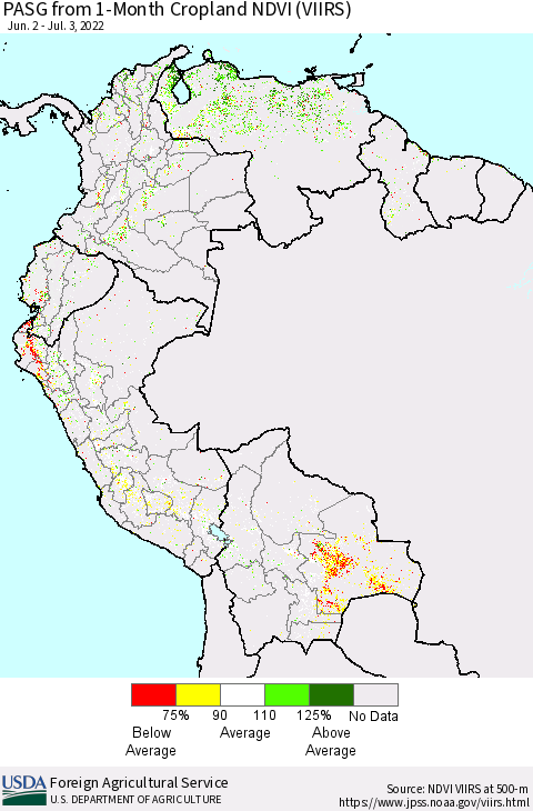 Northern South America PASG from 1-Month Cropland NDVI (VIIRS) Thematic Map For 7/1/2022 - 7/10/2022