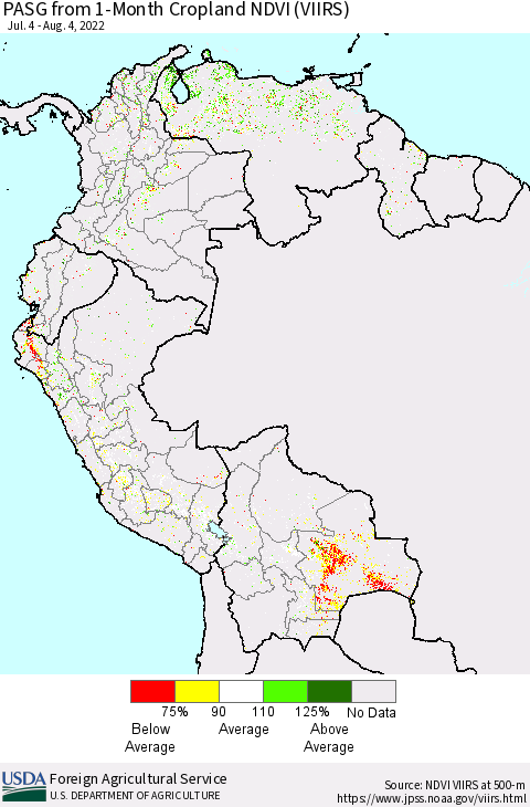 Northern South America PASG from 1-Month Cropland NDVI (VIIRS) Thematic Map For 8/1/2022 - 8/10/2022