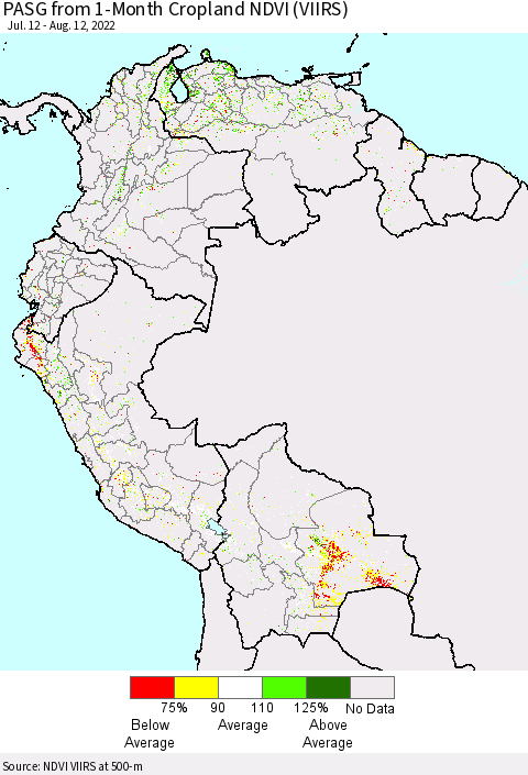 Northern South America PASG from 1-Month Cropland NDVI (VIIRS) Thematic Map For 8/5/2022 - 8/12/2022
