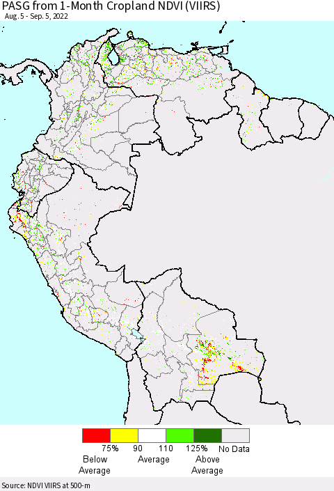 Northern South America PASG from 1-Month Cropland NDVI (VIIRS) Thematic Map For 8/29/2022 - 9/5/2022