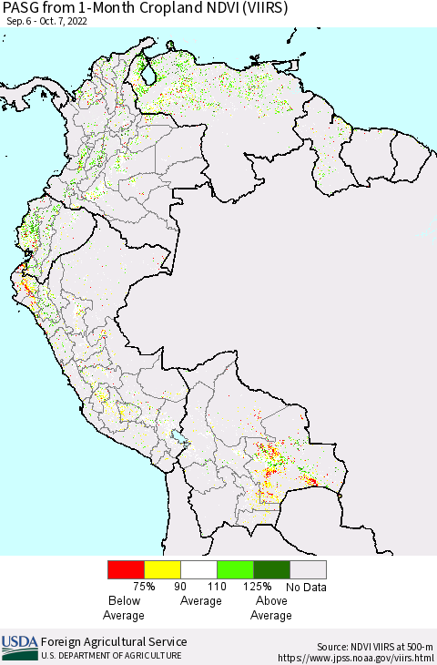 Northern South America PASG from 1-Month Cropland NDVI (VIIRS) Thematic Map For 10/1/2022 - 10/10/2022