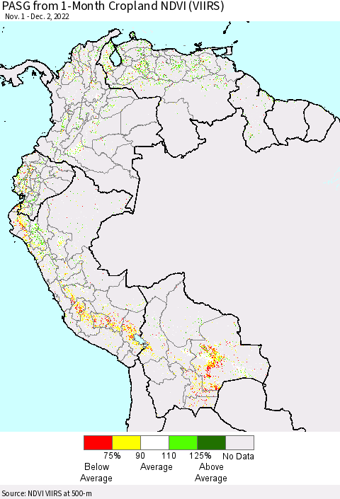 Northern South America PASG from 1-Month Cropland NDVI (VIIRS) Thematic Map For 11/25/2022 - 12/2/2022