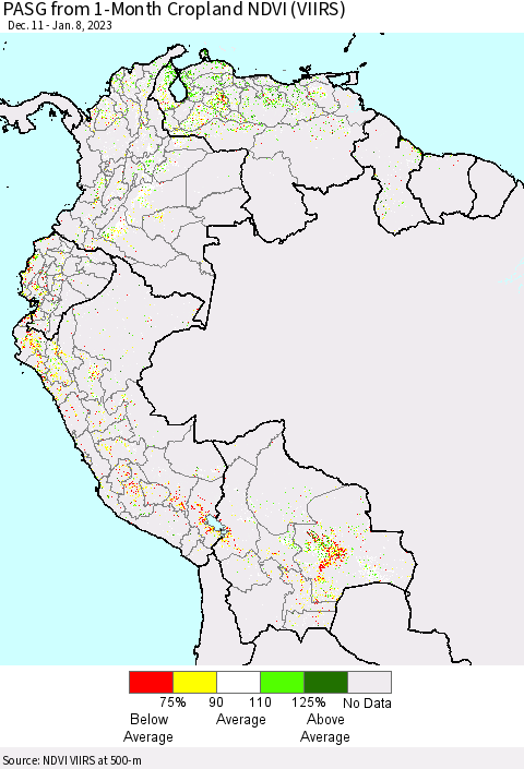 Northern South America PASG from 1-Month Cropland NDVI (VIIRS) Thematic Map For 1/1/2023 - 1/8/2023