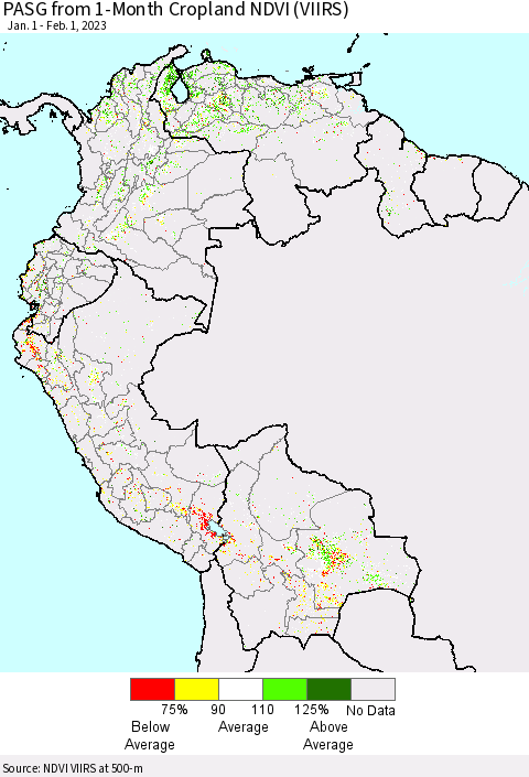 Northern South America PASG from 1-Month Cropland NDVI (VIIRS) Thematic Map For 1/25/2023 - 2/1/2023