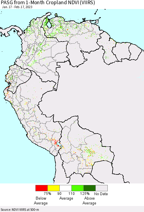 Northern South America PASG from 1-Month Cropland NDVI (VIIRS) Thematic Map For 2/10/2023 - 2/17/2023