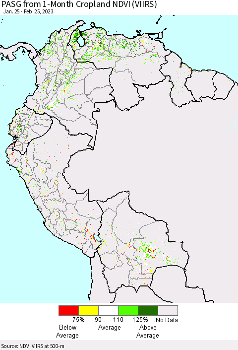 Northern South America PASG from 1-Month Cropland NDVI (VIIRS) Thematic Map For 2/18/2023 - 2/25/2023