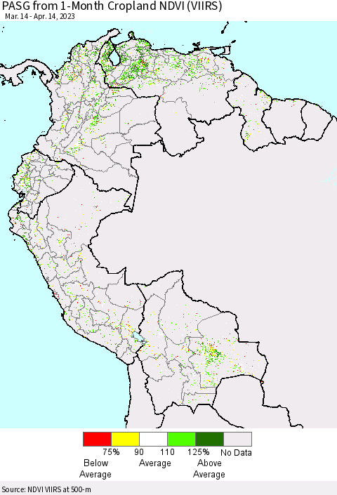 Northern South America PASG from 1-Month Cropland NDVI (VIIRS) Thematic Map For 4/7/2023 - 4/14/2023