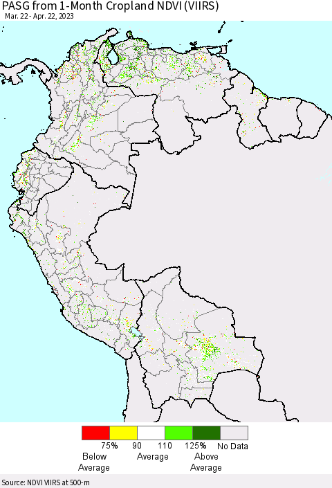 Northern South America PASG from 1-Month Cropland NDVI (VIIRS) Thematic Map For 4/15/2023 - 4/22/2023