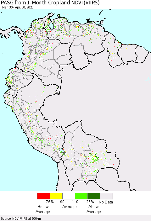 Northern South America PASG from 1-Month Cropland NDVI (VIIRS) Thematic Map For 4/23/2023 - 4/30/2023