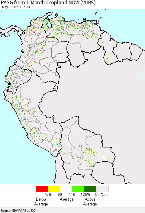Northern South America PASG from 1-Month Cropland NDVI (VIIRS) Thematic Map For 5/25/2023 - 6/1/2023