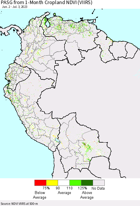 Northern South America PASG from 1-Month Cropland NDVI (VIIRS) Thematic Map For 6/26/2023 - 7/3/2023