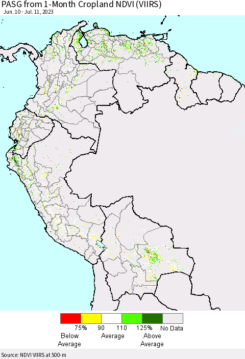 Northern South America PASG from 1-Month Cropland NDVI (VIIRS) Thematic Map For 7/4/2023 - 7/11/2023