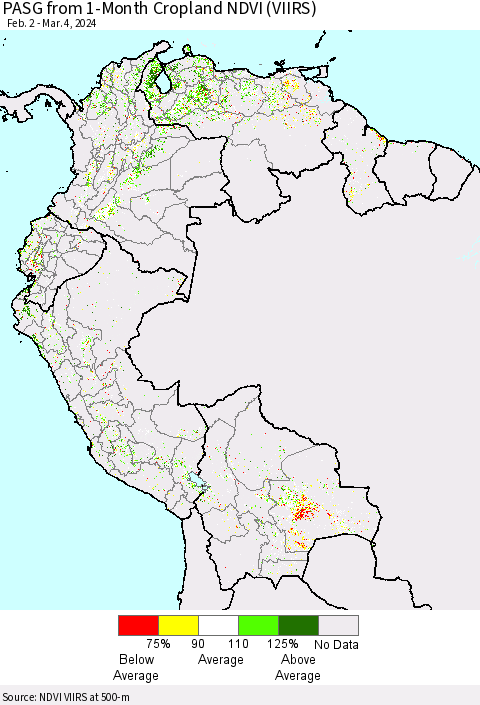 Northern South America PASG from 1-Month Cropland NDVI (VIIRS) Thematic Map For 2/26/2024 - 3/4/2024