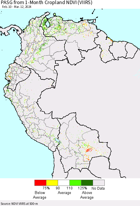 Northern South America PASG from 1-Month Cropland NDVI (VIIRS) Thematic Map For 3/5/2024 - 3/12/2024