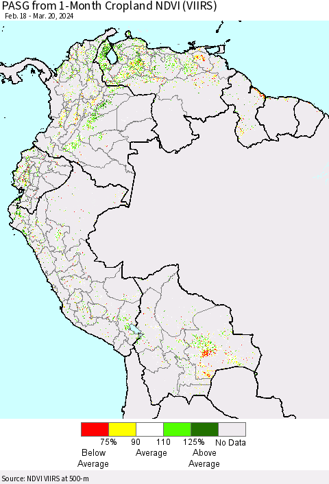 Northern South America PASG from 1-Month Cropland NDVI (VIIRS) Thematic Map For 3/13/2024 - 3/20/2024
