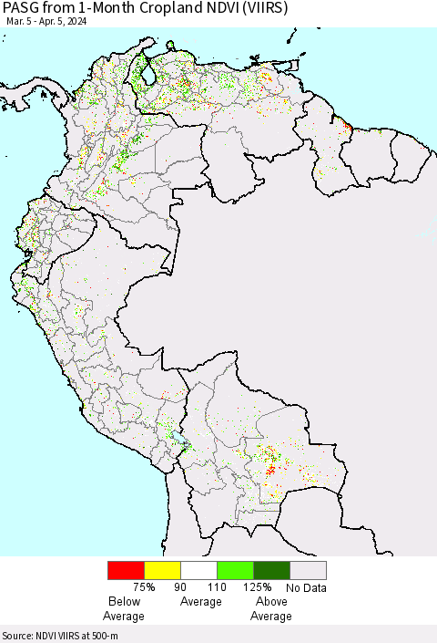 Northern South America PASG from 1-Month Cropland NDVI (VIIRS) Thematic Map For 3/29/2024 - 4/5/2024