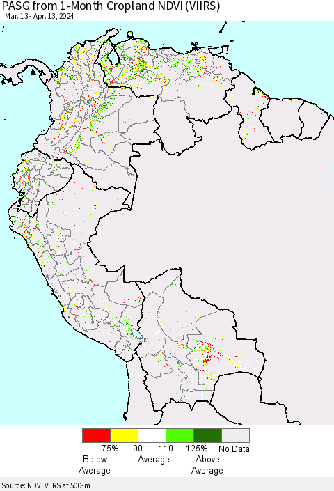 Northern South America PASG from 1-Month Cropland NDVI (VIIRS) Thematic Map For 4/6/2024 - 4/13/2024