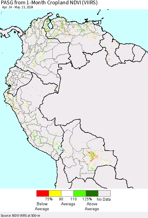 Northern South America PASG from 1-Month Cropland NDVI (VIIRS) Thematic Map For 5/8/2024 - 5/15/2024