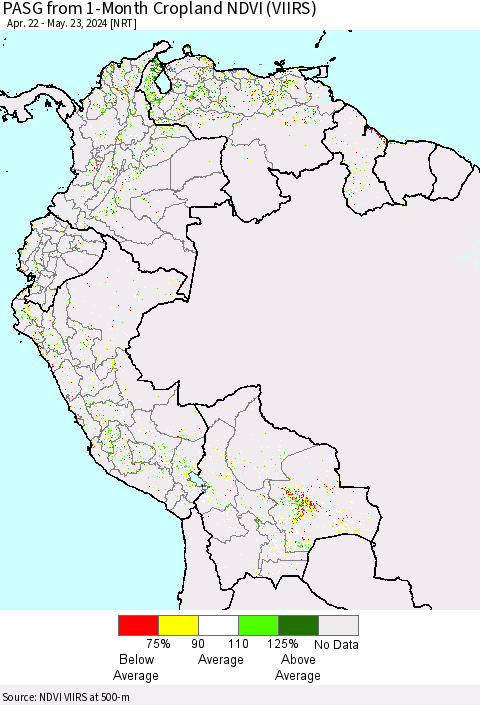 Northern South America PASG from 1-Month Cropland NDVI (VIIRS) Thematic Map For 5/16/2024 - 5/23/2024