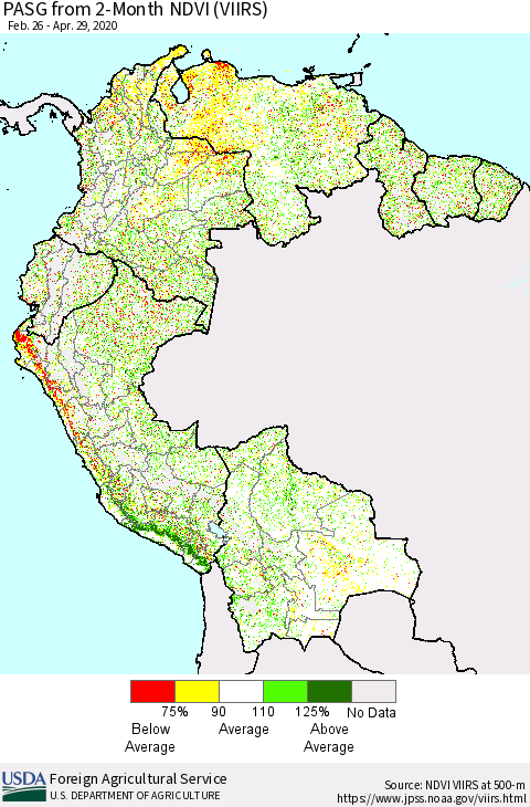 Northern South America PASG from 2-Month NDVI (VIIRS) Thematic Map For 4/21/2020 - 4/30/2020