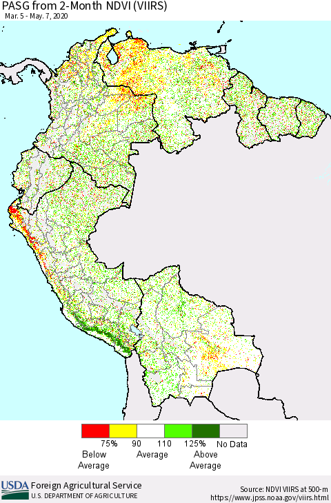 Northern South America PASG from 2-Month NDVI (VIIRS) Thematic Map For 5/1/2020 - 5/10/2020