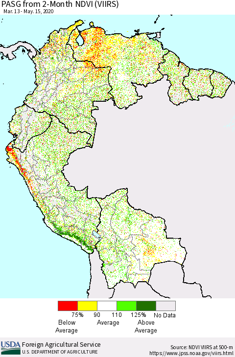 Northern South America PASG from 2-Month NDVI (VIIRS) Thematic Map For 5/11/2020 - 5/20/2020