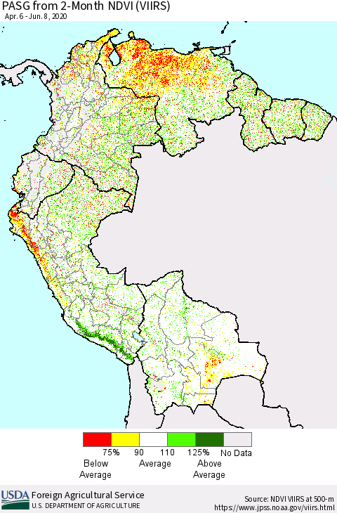 Northern South America PASG from 2-Month NDVI (VIIRS) Thematic Map For 6/1/2020 - 6/10/2020