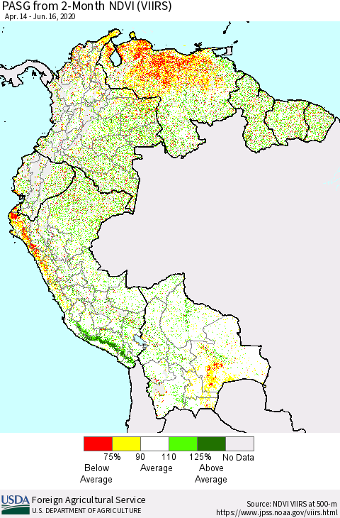Northern South America PASG from 2-Month NDVI (VIIRS) Thematic Map For 6/11/2020 - 6/20/2020