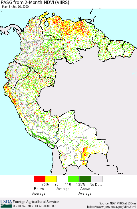 Northern South America PASG from 2-Month NDVI (VIIRS) Thematic Map For 7/1/2020 - 7/10/2020