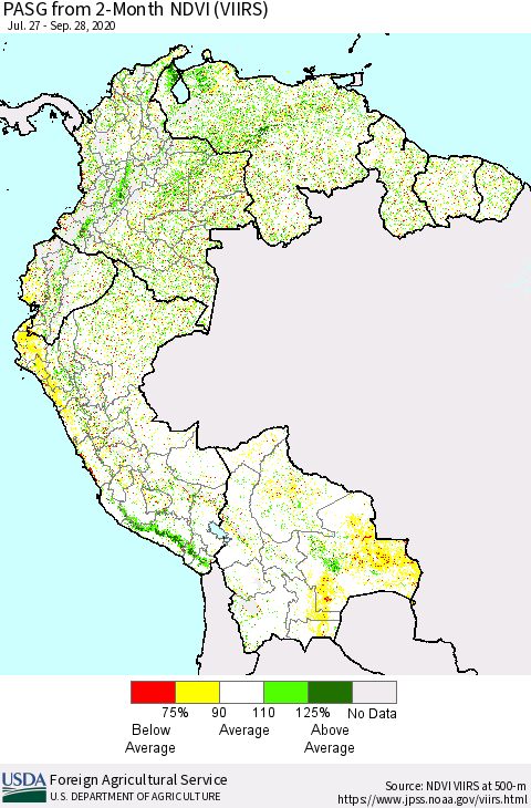 Northern South America PASG from 2-Month NDVI (VIIRS) Thematic Map For 9/21/2020 - 9/30/2020