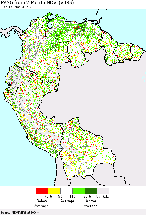 Northern South America PASG from 2-Month NDVI (VIIRS) Thematic Map For 3/14/2021 - 3/21/2021