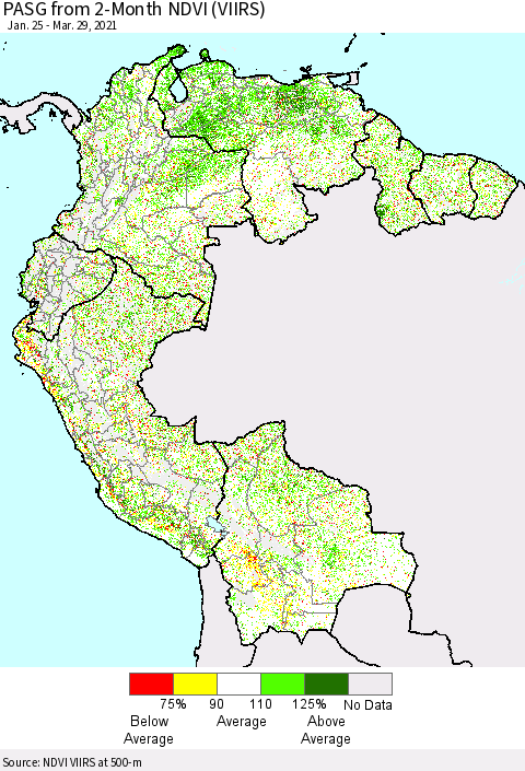 Northern South America PASG from 2-Month NDVI (VIIRS) Thematic Map For 3/22/2021 - 3/29/2021