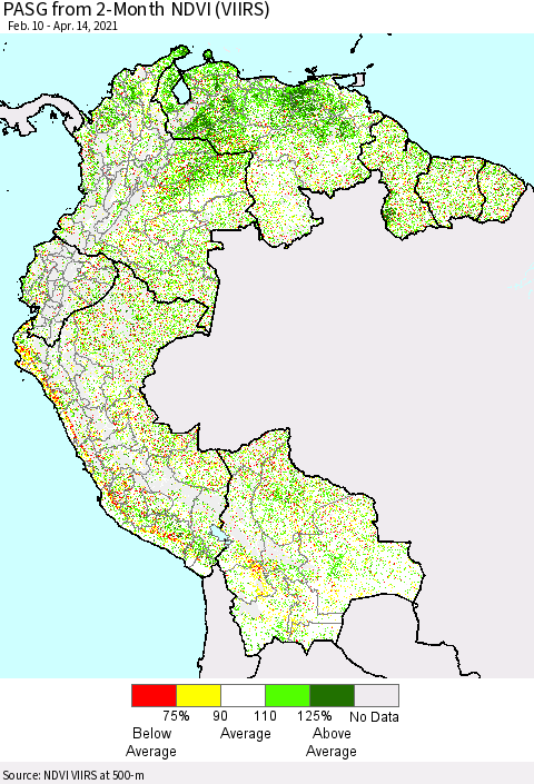 Northern South America PASG from 2-Month NDVI (VIIRS) Thematic Map For 4/7/2021 - 4/14/2021