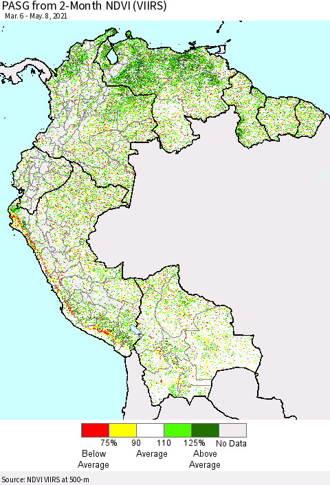 Northern South America PASG from 2-Month NDVI (VIIRS) Thematic Map For 5/1/2021 - 5/8/2021
