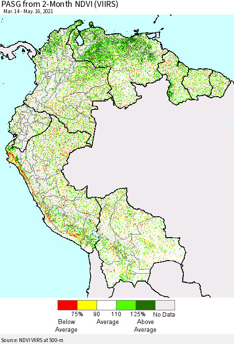 Northern South America PASG from 2-Month NDVI (VIIRS) Thematic Map For 5/9/2021 - 5/16/2021