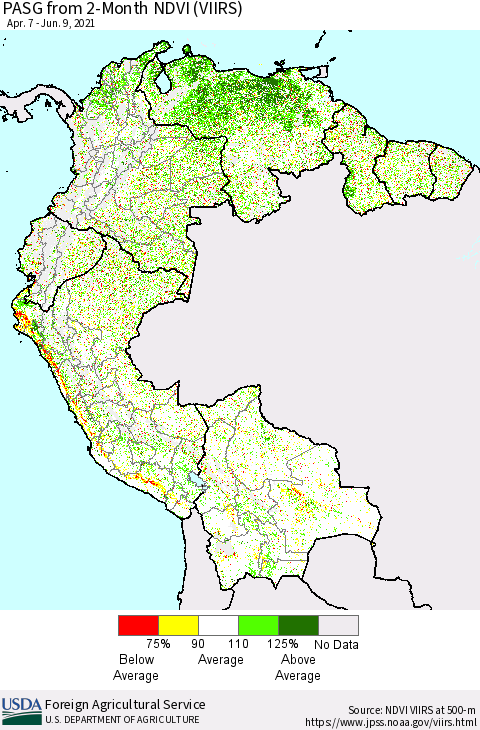 Northern South America PASG from 2-Month NDVI (VIIRS) Thematic Map For 6/1/2021 - 6/10/2021