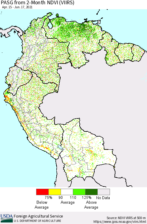 Northern South America PASG from 2-Month NDVI (VIIRS) Thematic Map For 6/11/2021 - 6/20/2021