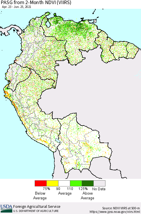 Northern South America PASG from 2-Month NDVI (VIIRS) Thematic Map For 6/21/2021 - 6/30/2021