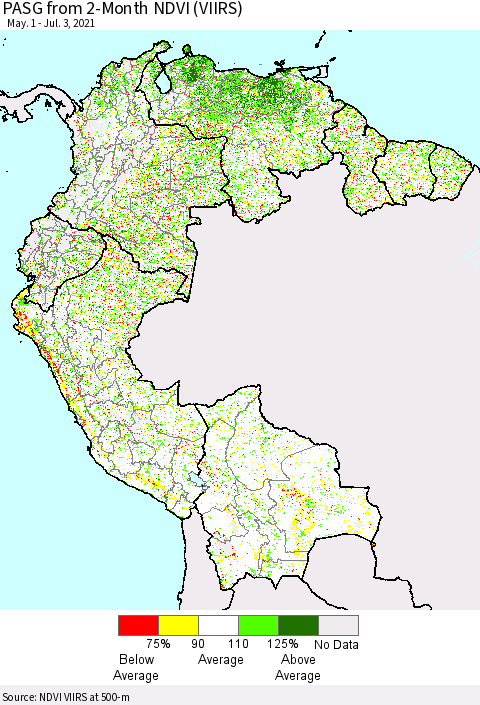 Northern South America PASG from 2-Month NDVI (VIIRS) Thematic Map For 6/26/2021 - 7/3/2021